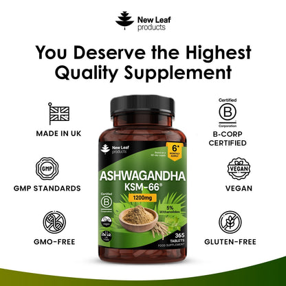 Ashwagandha KSM-66 1200Mg - 365 Vegan Root Extract High Strength Tablets