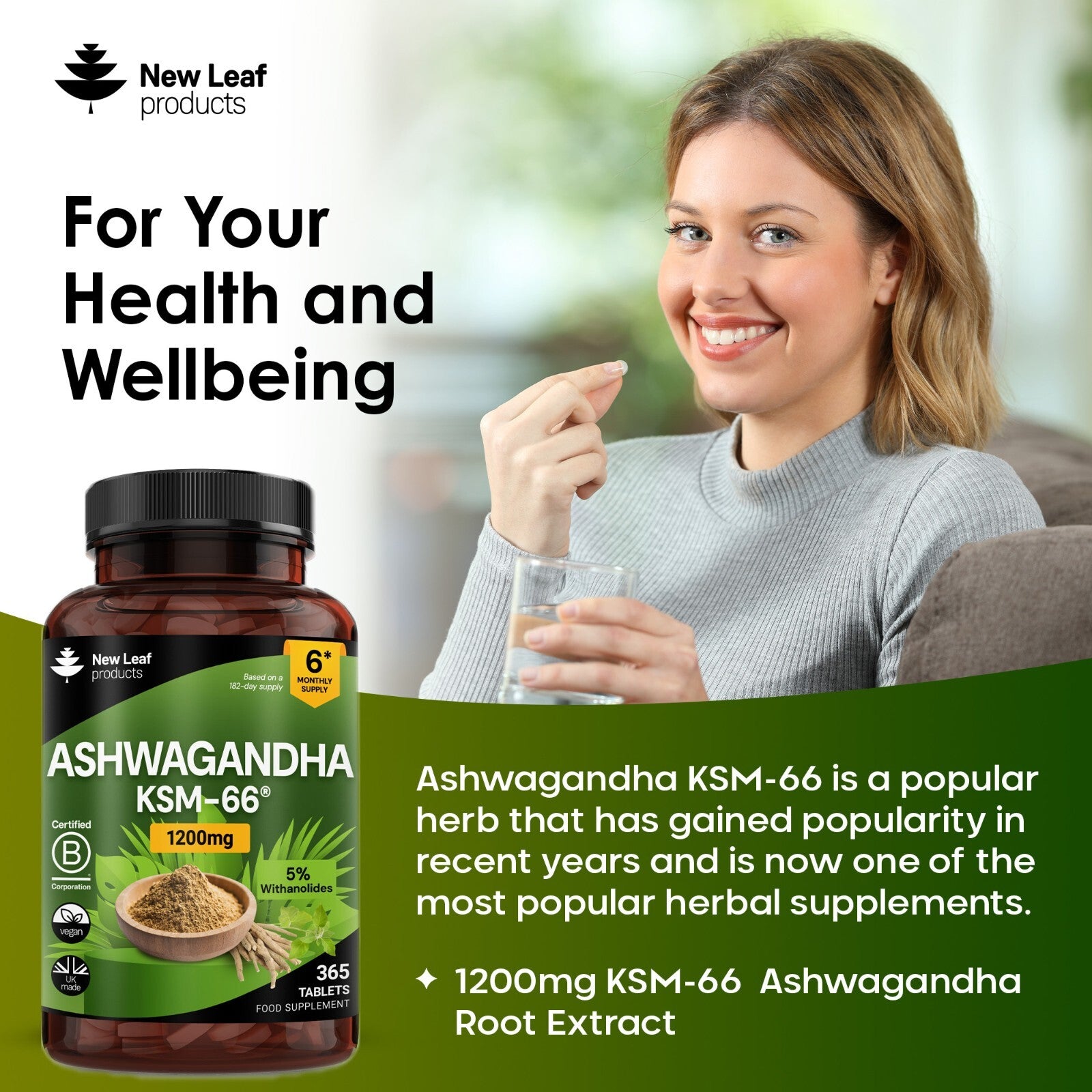 Ashwagandha KSM-66 1200Mg - 365 Vegan Root Extract High Strength Tablets